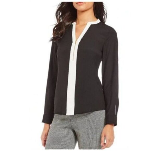 Black Collar Exposed with Roll up Sleeve Blouse Size M - Picture 2 of 15